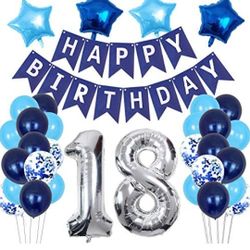 18th Birthday Decorations Boys Girls, 18th Birthday Balloons Happy Birthday Banner Star Foil Balloons Latex Confetti Balloons, Navy Blue Birthday Part