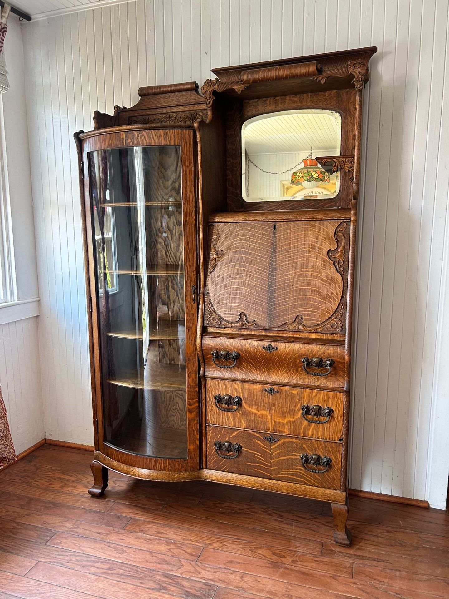 Early 20th Century Tiger Oak Secretary Desk and Curio Cabinet