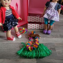 American girl full size 18" dolls. American girl armoire & Hawaiian outfit