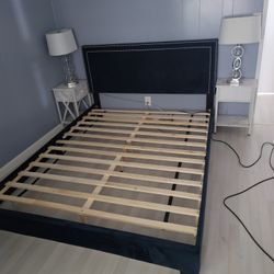 Queen Bedframe (Blue), Night Stands, Lamps