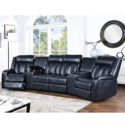 Navy Blue Gel Leatherette Theater Sectional Manual Recliner Sofa 2 Console Wedges And Center Recliner Armless Loveseat Brand New Firm Price $1,150