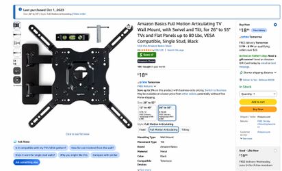 Amazon Basics Full Motion Articulating TV Wall Mount