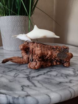 $15 Dolphin with Calf Sculpture By John Perry 6" Long Pellucida on Polished Burlwood Base