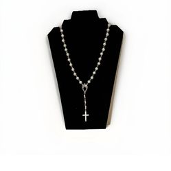 Artisan White Beaded Rosary Necklace Silver-tone Crucifix Religious Jewelry Gift