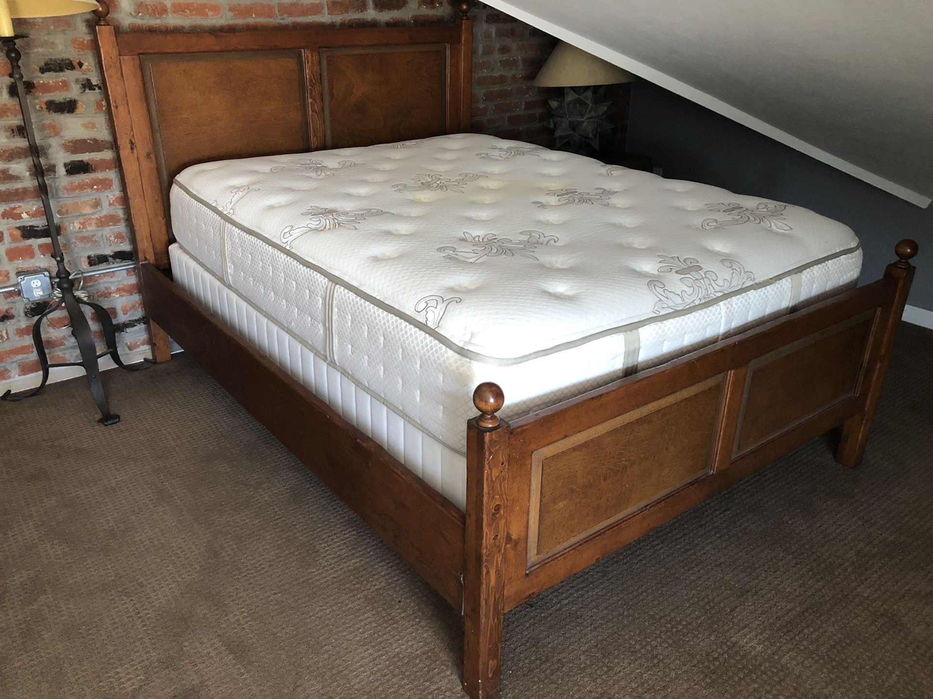 Beautiful wood queen bed frame, box spring, mattress