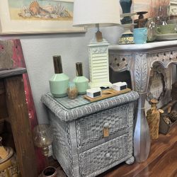 Coastal Grey & White Wicker Nightstand with Glass Top – 2-Drawer Storage — Unique Furniture & Decor