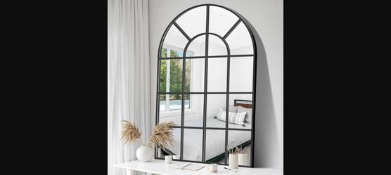 GLASHOM 30x48 Black Arched Window Pane Wall Mirror