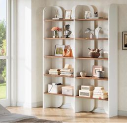 F2561 5-Tier Farmhouse Bookshelf 70.87-Inch Tall Double Wide Bookcase with Open Shelves, Vintage Floor Standing Book Shelf (1, White+Brown)