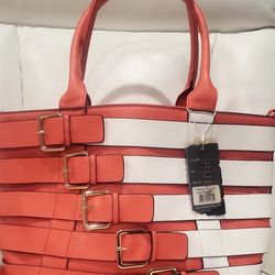 Ruby Collection pink and white faux leather tote bag.