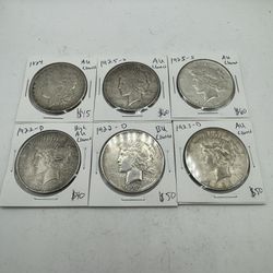 6 Better Date/Condition Peace And Morgan Dollar 90% Silver Coins (All Cleaned)