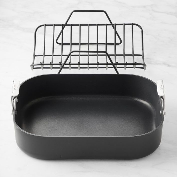 SeeWILLIAMS SONOMA ALL-CLAD HARD ANODIZED ROASTER WITH RACK CHICKEN TURKEY POT 16x13 pottery Barn
