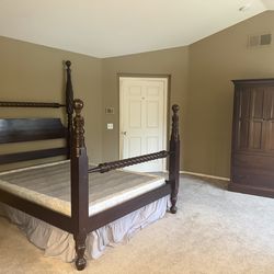 Dark Wood Queen Bed Frame and Armoire