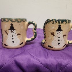 Set of 2 Snowman Votive Candle Holders 4” Ceramic Christmas