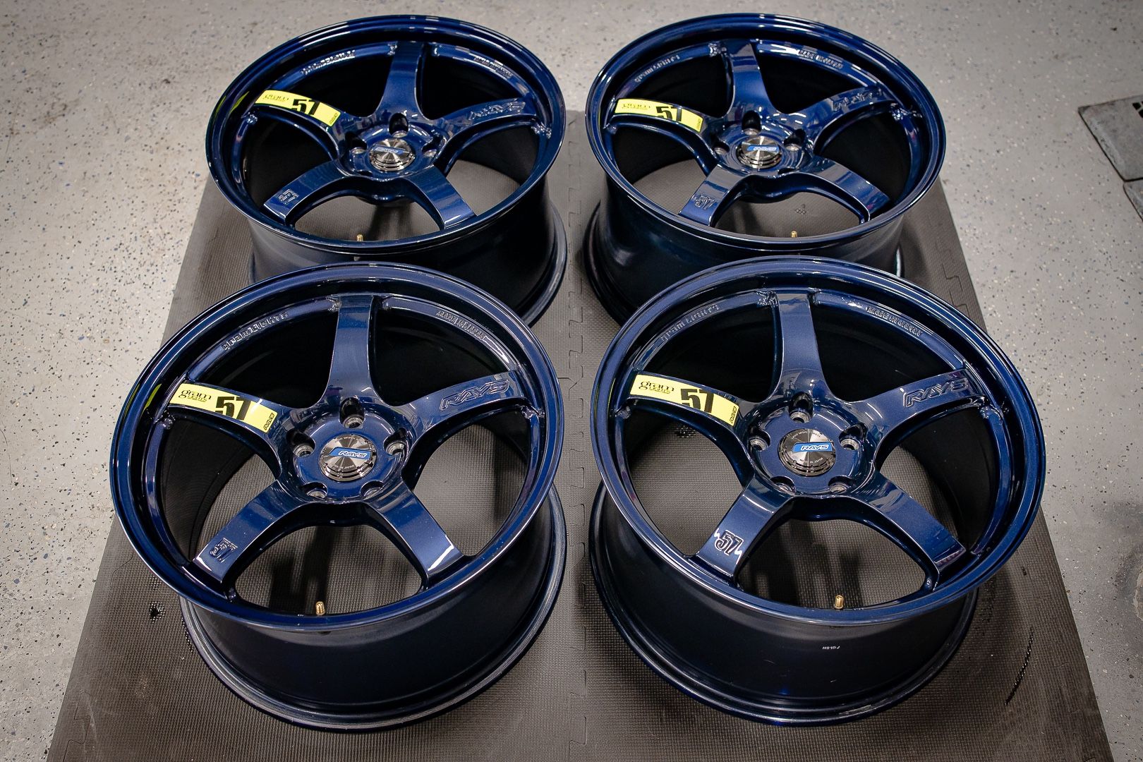 18” Rays Volk Gram lights 57CR Wheels Blue 5x114.3 18x9.5” +38 Square Setup STI EVO