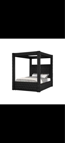 Black Tufted Velvet Four-Poster Canopy Bed Frame