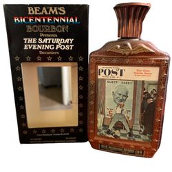 This empty decanter with its original box is from the famous Jim Beam Bicentennial collection.  Features Norman Rockwell's cover of the May 26, 1945 e