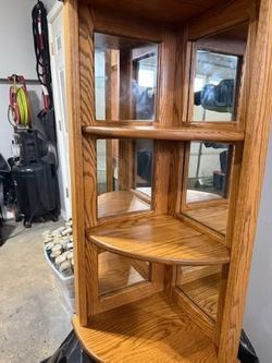 Corner Oak 3 Shelf Cabinet W/ Floating Oak Shelf