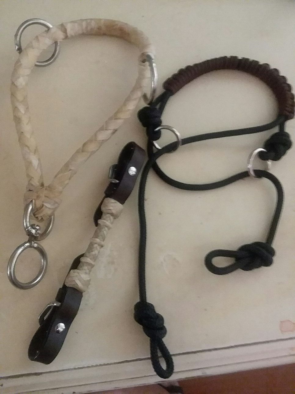 Indian hackamore, rawhide side pull bozal, chin strap
