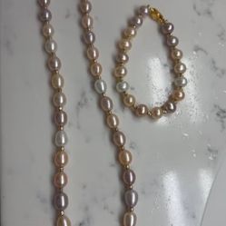 Freshwater 8-8.5mm Multi-Pink Pearl With 18k Golden Beads Necklace and Bracelet
