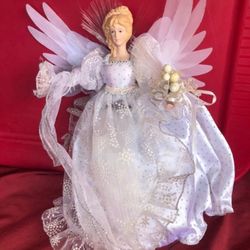 Vintage angel, silver and white tree topper 12”