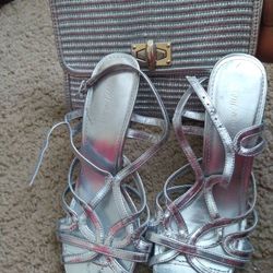 SILVER FIONI NIGHT SANDALS AND HANDBAG IN GOOD CONDITION