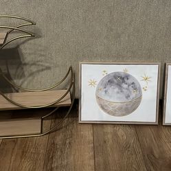 Gold & Wood Moon Shelf with 2 Moon Star Wall Art Pieces