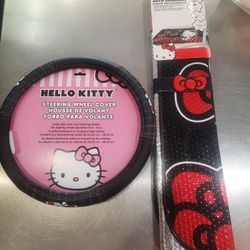 Hello Kitty Car Accessory Bundle - Matching Steering Wheel Cover & Windshield Sunshade