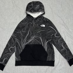 The North Face Boys Hoodie Size L 14/16 Black Topographic Print Pullover Sweatshirt