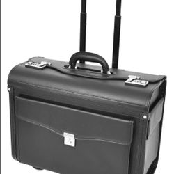 Rolling Pilot Secure Black Leather Business Travel Briefcase First Class Luggage