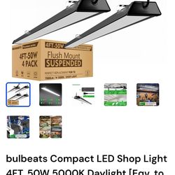 bulbeats Compact LED Shop Light 4FT, 50W 5000K Daylight [Eqv. to 200W HPS/WH] Surface/Suspend Mount Black LED Shop Light Fixtures with 5FT Cord Switch