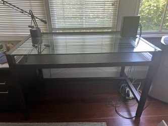 Crate & barrel glass top wood desk with file cabinet
