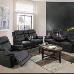 Black Leather Recliner Set Include Sofa, Loveseat And Chair Include Cup Holders 