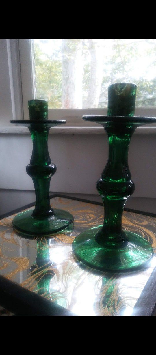 Candle Holders Heavy Glass Green 