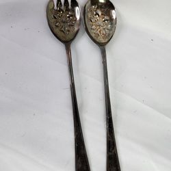 Vintage Set of Silverplate Sheffield England Ornate Serving Fork/Spoon . 