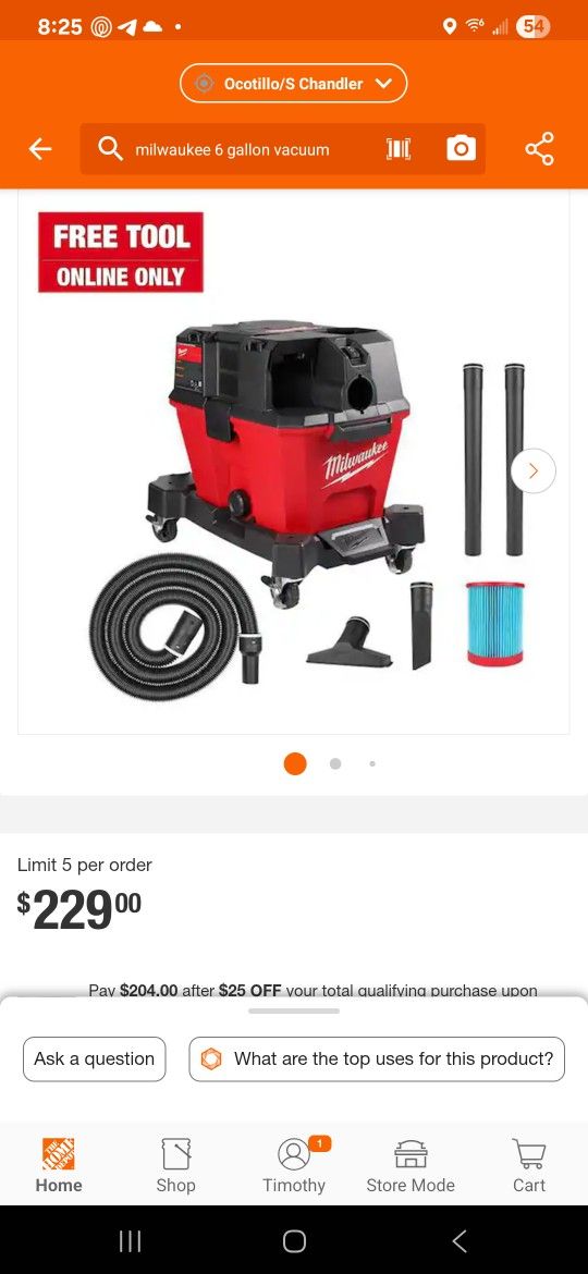 Milwaukee 6 Gal Brushless Shop Vac.