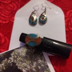 Turquoise & Coral Earrings + Ring