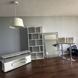Mirror  - Bookshelf  - TV table  - Barstools