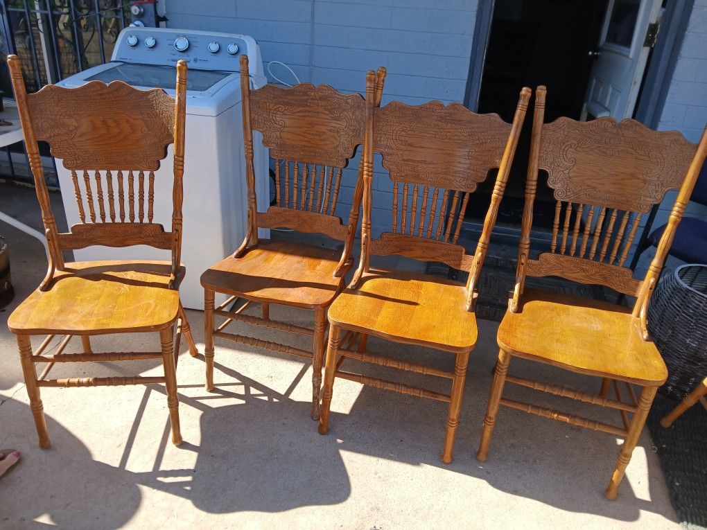 Late 20th Century Set of Six Vintage Oak Carved Pressed Back Dining Chairs