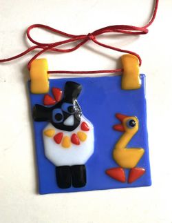 Martha Kelly Fused Glass Art Sheep Duck Plaque   Colorful fused glass art piece. Has a cute sheep and a duck on a bright blue background. Red, yellow,