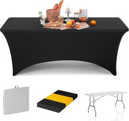 6ft Folding Table with Black Table Cloth Indoor, Foldable Desk with HDPE Tabletop, Safety Locks, Easy to Carry and Store, No-Assembly Outdoor Camping 