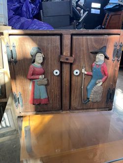 Vintage Wooden Cabinet with Folk Art Carvings