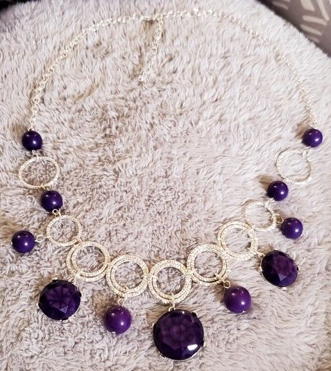 Silvertone And Purple Acrylic Beads Bib Necklace.