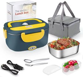 Electric Lunch Box 1.5L Food Heater, Portable 60W Food Warmer for Car and Home, with Detachable 304 Stainless Steel Container Fork and Spoon