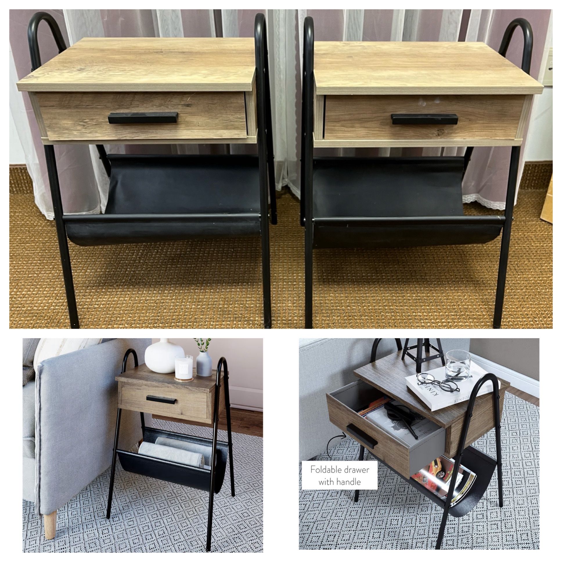 Nathan James Hugo wood nightstands, black metal frame, leather hammock, cloth drawer. $30ea. See all pics