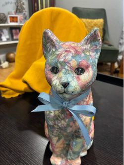 Floral Decoupage  Paper  mache Cat Figurine