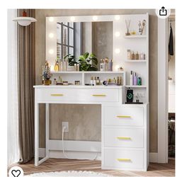 Tiptiper Makeup Vanity with Lights, Vanity Desk with Charging Station, White Vanity Table with 10 Light Bulbs Mirror & 3 Lighting Modes, Makeup Desk w