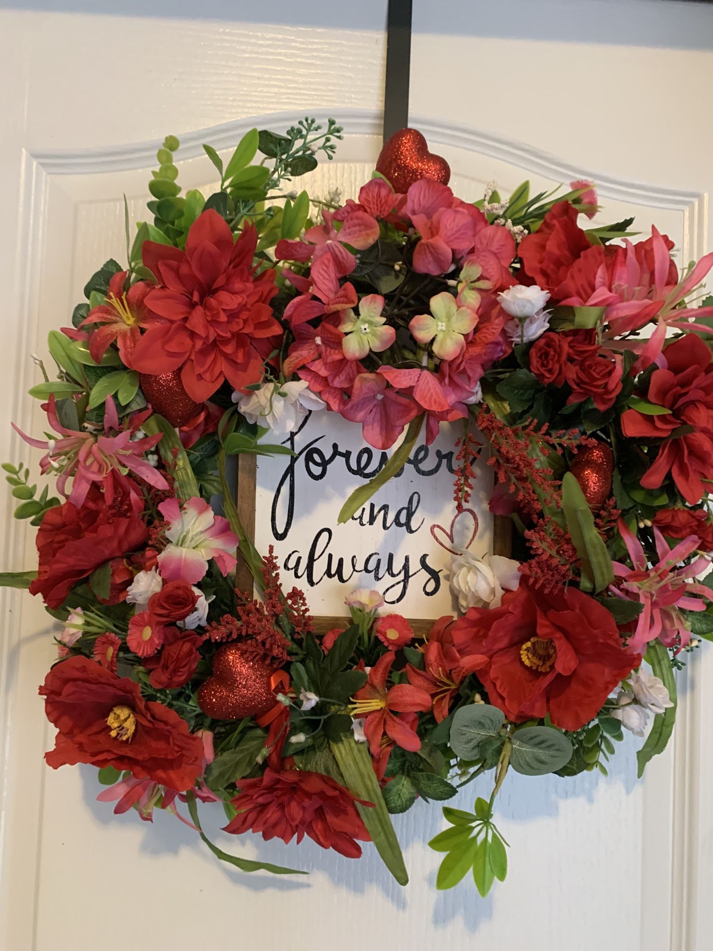 Valentines Day Wreath W/ Various Accents On Twisted Branch Base, Has Wooden Saying
