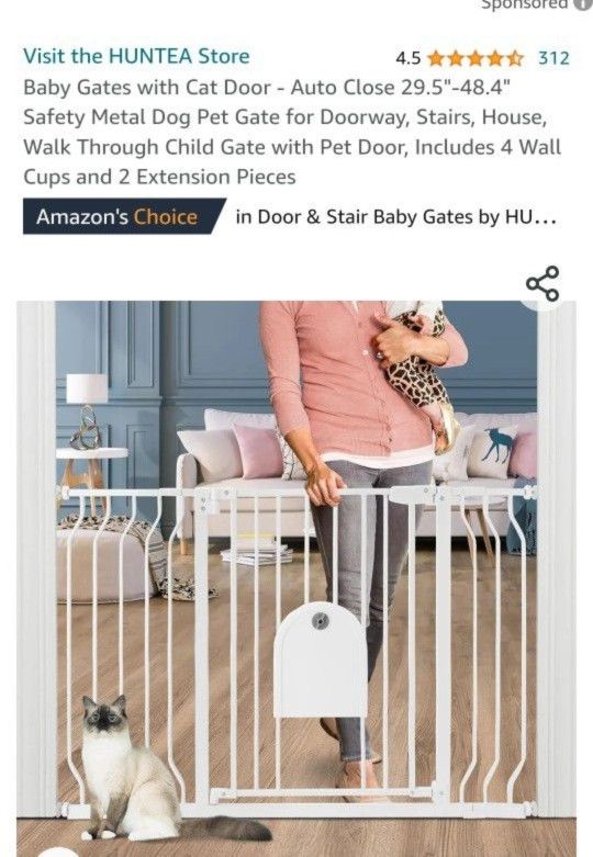 Baby Gates with Cat Door - Auto Close 29.5"-48.4" Safety Metal Dog Pet Gate for Doorway, Stairs, House, Walk Through Child Gate with Pet Door, Include