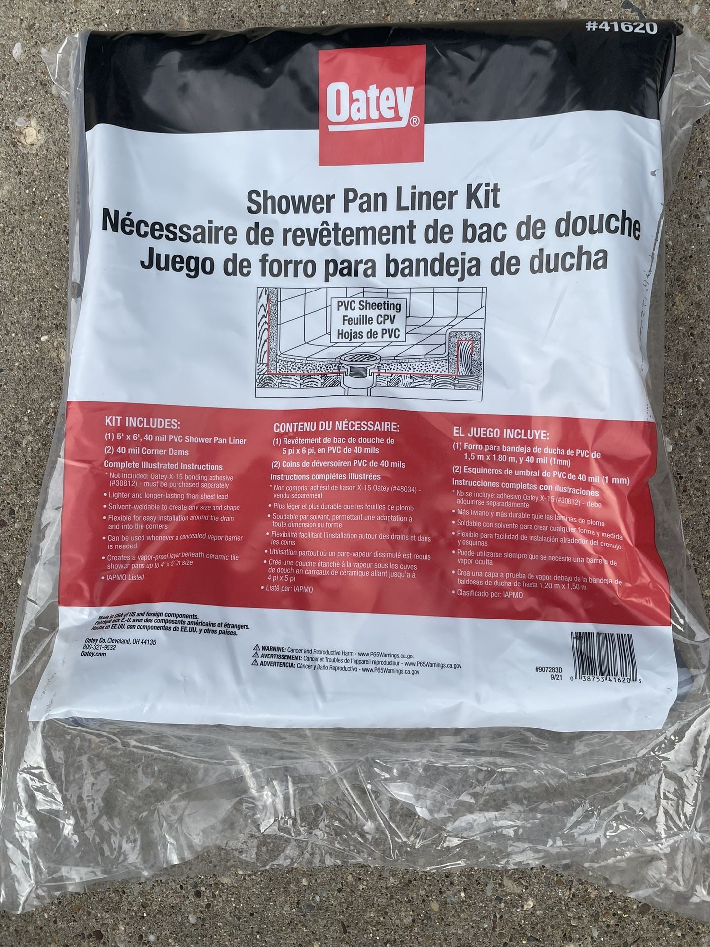 Oatey 41620 PVC Shower Pan Liner Roll and Kit (2 Corner Dams) 40 Mil Thickness 5' x 6', Gray