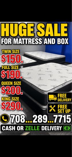 Huge sale for Mattress And Box brand  new Twin size #mattress and box 150.$ full 190$ Queen 200$ king 290$. free delivery free set up 708….289…7715… c